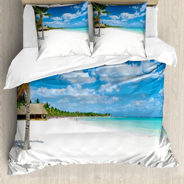 Abakuhaus Copripiumino Da Spiaggia, Tropical Island Seashore, Antiacaro, Adatto A Chi Soffre Di Allergie, Con Federe, 155 Cm X 220 Cm - 80 X 80 Cm, Blu Bianco Verde-image