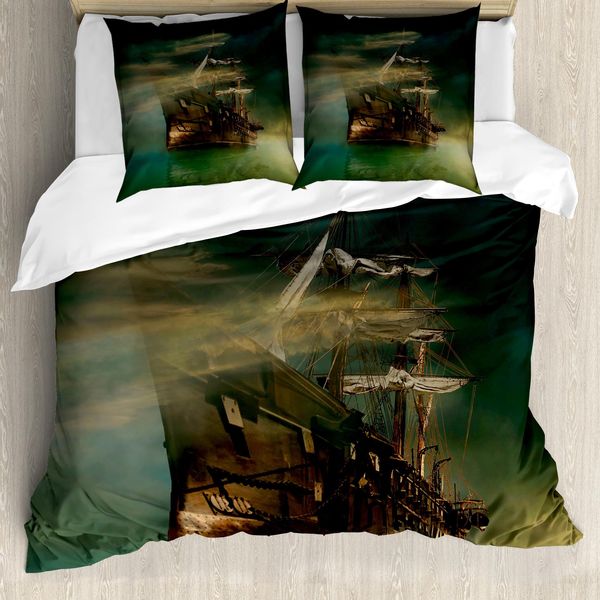 Abakuhaus Copripiumino Fantasia, Old Ship Su Acque Tranquille, Antiacaro, Adatto A Chi Soffre Di Allergie, Con Federe, 155 Cm X 220 Cm - 80 X 80 Cm, Verde Marrone Blu Scuro-image