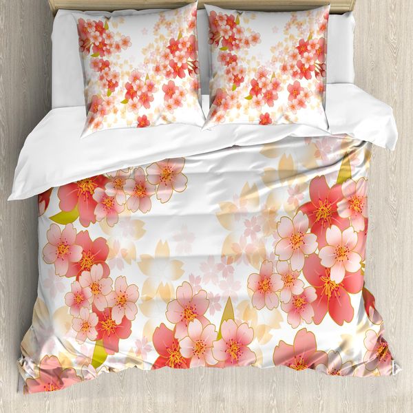 Abakuhaus Copripiumino Floreale, Fiori Sakura Vivaci, Antiacaro, Adatto A Chi Soffre Di Allergie, Con Federe, 155 Cm X 220 Cm - 80 X 80 Cm, Corallo Scuro Corallo Giallo-image