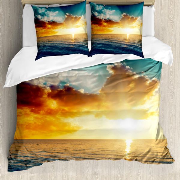 Abakuhaus Copripiumino Ocean, Majestic Tramonto Sul Mare, Antiacaro, Adatto A Chi Soffre Di Allergie, Con Federe, 200 Cm X 200 Cm - 80 X 80 Cm, Turchese Arancione Blu-image