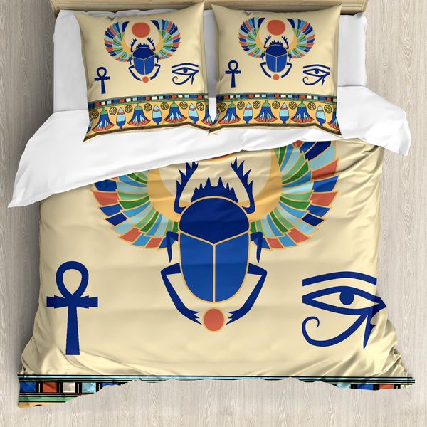 Abakuhaus Set Copripiumino Egiziano Per Letti Matrimoniali, Simbolo Dello Scarabeo Occhio Di Ra, Antiacaro, Adatto A Chi Soffre Di Allergie, Con Federe, Multicolore-image