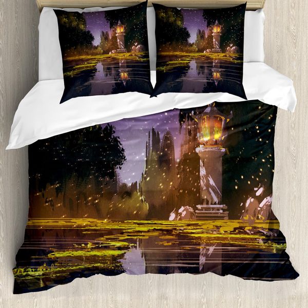 Abakuhaus Copripiumino Paesaggio, Lanterna Foresta Notte, Antiacaro Adatto A Chi Soffre Di Allergie Con Federe, 200 Cm X 200 Cm - 80 X 80 Cm, Multicolore-image