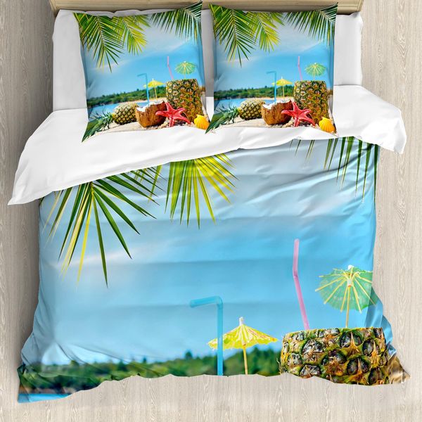 Abakuhaus Copripiumino Tropicale, Coconut Ananas Estate, Antiacaro, Adatto A Chi Soffre Di Allergie, Con Federe, 155 Cm X 220 Cm - 80 X 80 Cm, Blu, Verde, Marrone-image