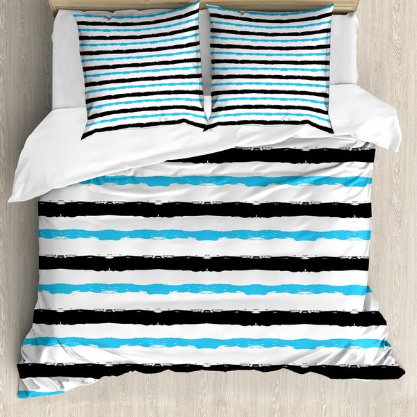 Abakuhaus Copripiumino Astratto, Colore Bands Stripes, Antiacaro, Adatto A Chi Soffre Di Allergie, Con Federe, 200 Cm X 200 Cm - 80 X 80 Cm, Acquamarina, Nero, Bianco-image