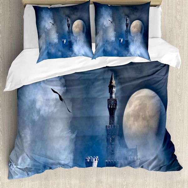 Abakuhaus Copripiumino Fantasia, Castello Sulle Nuvole Gotico, Antiacaro, Adatto A Chi Soffre Di Allergie, Con Federe, 200 Cm X 200 Cm - 80 X 80 Cm, Blu Scuro-image