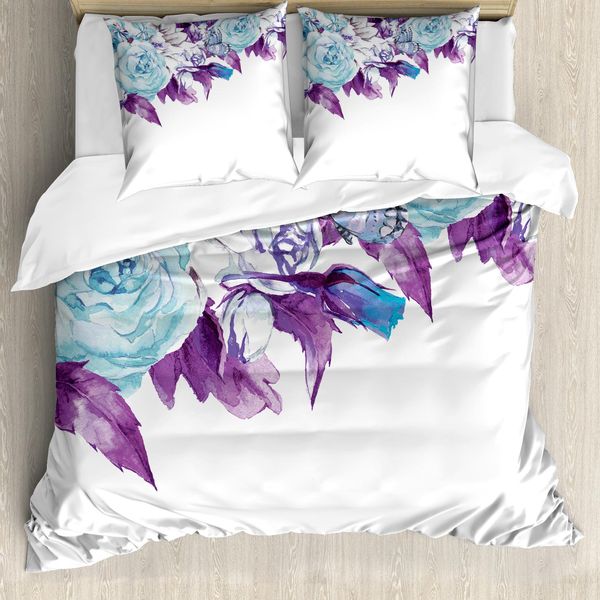 Abakuhaus Copripiumino Con Fiori, Petali Vintage, Antiacaro, Adatto A Chi Soffre Di Allergie, Con Federe, 200 Cm X 200 Cm - 80 X 80 Cm, Blu Pallido Lilla-image