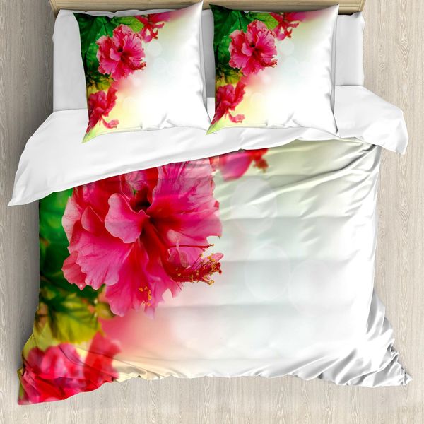 Abakuhaus Set Copripiumino Per Letti Matrimoniali, Fiori Di Ibisco Esotici, Antiacaro, Adatto A Chi Soffre Di Allergie, Con Federe, Verde Felce Rosa-image