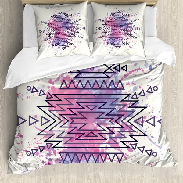 Abakuhaus Set Copripiumino Tribale Per Letti Matrimoniali, Motivo Etnico A Pennellate, Antiacaro, Adatto A Chi Soffre Di Allergie, Con Federe, Rosa Chiaro, Fucsia, Lilla-image