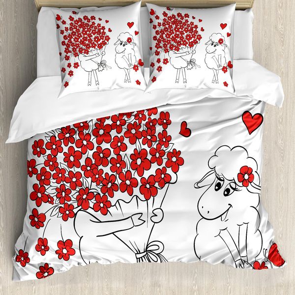 Abakuhaus Copripiumino Valentine, Caprette Innamorate, Antiacaro, Adatto A Chi Soffre Di Allergie, Con Federe, 200 Cm X 200 Cm - 80 X 80 Cm, Rosso-Bianco-image