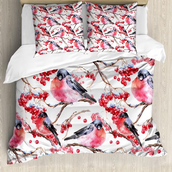Abakuhaus Copripiumino Naturale, Uccelli Rami Bacche, Antiacaro, Adatto A Chi Soffre Di Allergie, Con Federe, 200 Cm X 200 Cm - 80 X 80 Cm, Grigio, Grigio, Rosso-image
