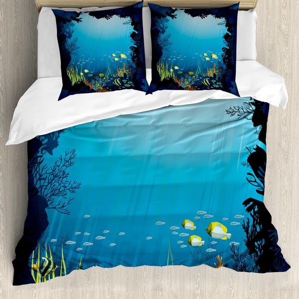 Abakuhaus Copripiumino Ocean, Pesci Tropicali E Barriere Coralline, Antiacaro, Adatto A Chi Soffre Di Allergie, Con Federe, 200 Cm X 200 Cm - 80 X 80 Cm, Blu Scuro-image