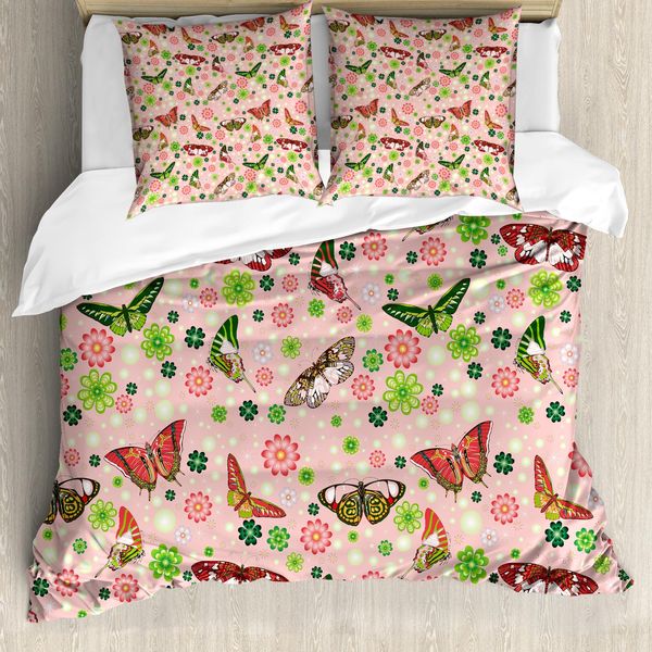 Abakuhaus Copripiumino Naturale, Farfalle E Trifogli, Antiacaro, Adatto A Chi Soffre Di Allergie, Con Federe, 200 Cm X 200 Cm - 80 X 80 Cm, Verde Lime E Rosa Pallido-image