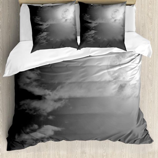 Abakuhaus Copripiumino Notte Stellata, Luna Piena E Nuvole, Antiacaro, Adatto A Chi Soffre Di Allergie, Con Federe, 155 Cm X 220 Cm - 80 X 80 Cm, Bianco E Nero-image