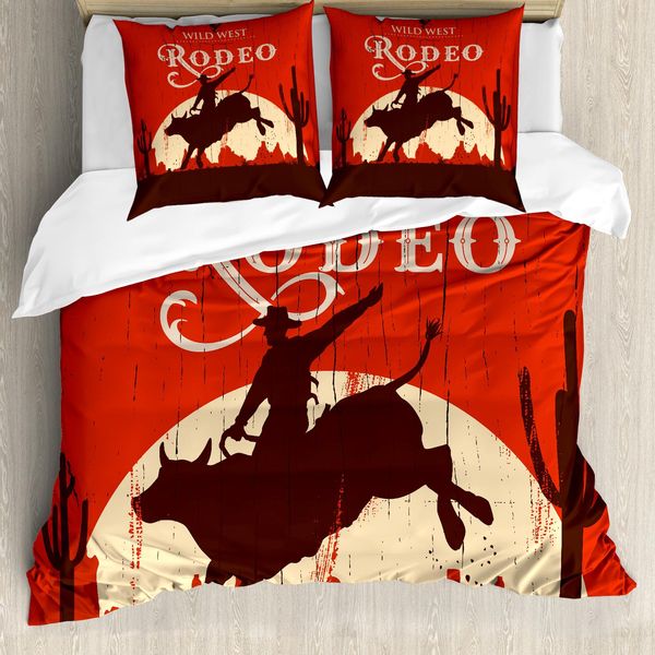 Abakuhaus Copripiumino Vintage, Cowboy Da Rodeo Cavalca Un Toro, Antiacaro, Adatto A Chi Soffre Di Allergie, Con Federe, 200 Cm X 200 Cm - 80 X 80 Cm, Arancione Marrone-image