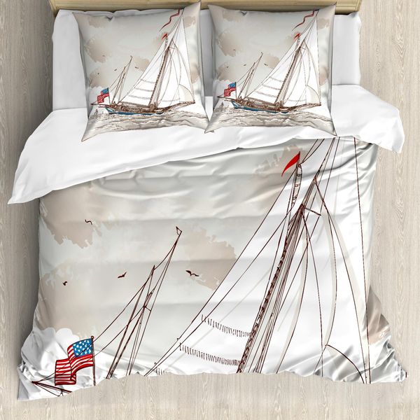 Abakuhaus Copripiumino Vintage, Antique American Yacht, Antiacaro, Adatto A Chi Soffre Di Allergie, Con Federe, 200 Cm X 200 Cm - 80 X 80 Cm, Grigio Chiaro, Marrone Chiaro, Bianco-image