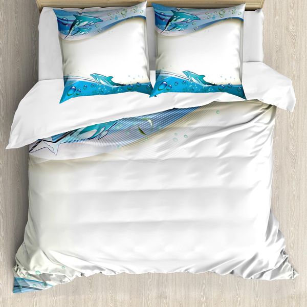 Abakuhaus Copripiumino Ocean, Dolphins Sea Waves Drops, Antiacaro, Adatto A Chi Soffre Di Allergie, Con Federe, 155 Cm X 220 Cm - 80 X 80 Cm, Beige, Blu, Acquamarina-image