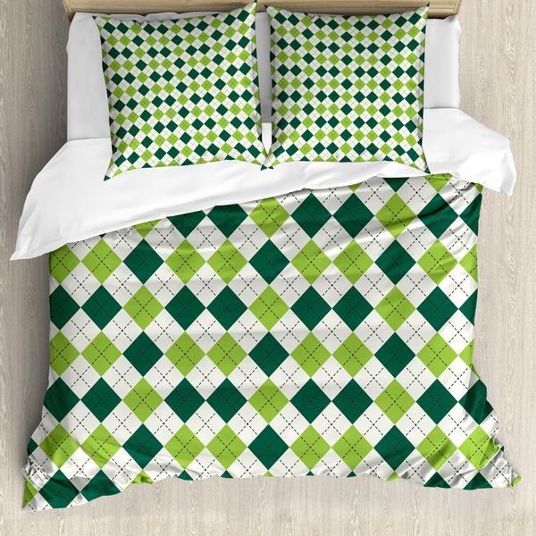 Abakuhaus Set Copripiumino Geometrico Per Letti Matrimoniali, Linea Vintage A Rombi, Antiacaro, Adatto A Chi Soffre Di Allergie, Con Federe, Verde Lime, Verde Scuro, Bianco-image