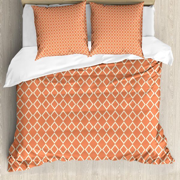 Abakuhaus Copripiumino Geometrico, Piastrelle Moderne A Scacchi, Antiacaro, Adatto A Chi Soffre Di Allergie, Con Federe, 200 Cm X 200 Cm - 80 X 80 Cm, Arancione E Bianco-image