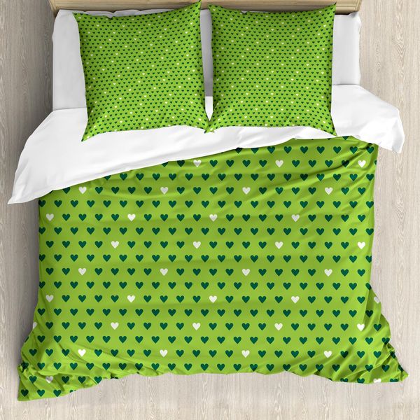 Abakuhaus Copripiumino Verde, Divertenti Cuoricini, Antiacaro, Adatto A Chi Soffre Di Allergie, Con Federe, 200 Cm X 200 Cm - 80 X 80 Cm, Verde Lime Verde Scuro-image