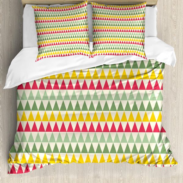 Copripiumino Retrò Abakuhaus, Triangoli Colorati, Antiacaro, Adatto A Chi Soffre Di Allergie, Con Federe, 155 Cm X 220 Cm - 80 X 80 Cm, Corallo Scuro Verde Chiaro-image