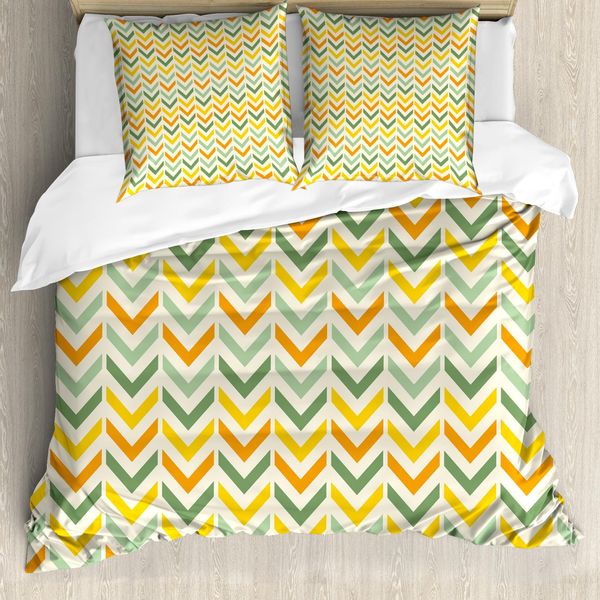 Abakuhaus Copripiumino Angolare, Zigzag Verticali Retrò, Antiacaro Adatto A Chi Soffre Di Allergie Con Federe, 155 Cm X 220 Cm - 80 X 80 Cm, Verde Giallo Arancione-image