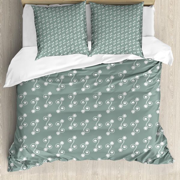 Abakuhaus Copripiumino Vintage Con Motivi Floreali, Tulipani Femminili, Antiacaro, Adatto A Chi Soffre Di Allergie, Con Federe, 155 Cm X 220 Cm - 80 X 80 Cm, Verde Salvia Chiaro E Bianco-image