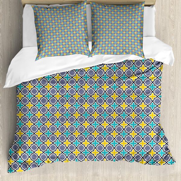 Abakuhaus Copripiumino A Griglia, Motivo Retrò Antico, Antiacaro, Adatto A Chi Soffre Di Allergie, Con Federe, 155 Cm X 220 Cm - 80 X 80 Cm, Viola, Giallo, Azzurro-image