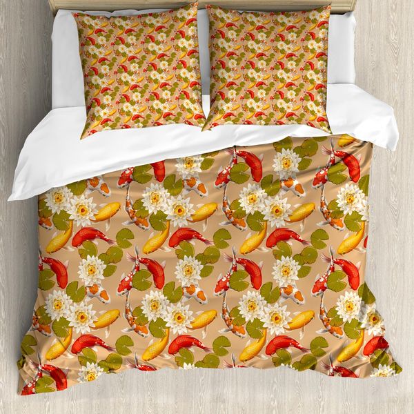 Abakuhaus Copripiumino Asiatico, Pesci Koi E Fiori Di Loto, Antiacaro, Adatto A Chi Soffre Di Allergie, Con Federe, 200 Cm X 200 Cm - 80 X 80 Cm, Multicolore-image