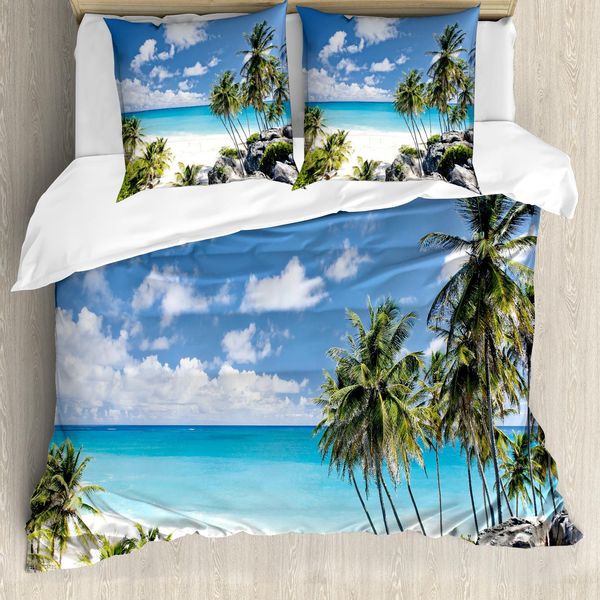 Abakuhaus Set Copripiumino Tropicale Per Letti Matrimoniali, Barbados Spiaggia Oceano, Antiacaro, Adatto A Chi Soffre Di Allergie, Con Federe, Multicolore-image