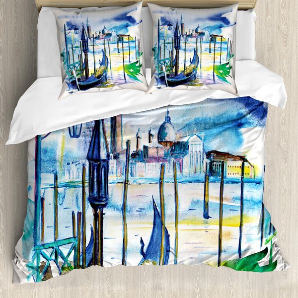 Abakuhaus Copripiumino Paesaggio, Barca A Venezia Italia, Antiacaro, Adatto A Chi Soffre Di Allergie, Con Federe, 200 Cm X 200 Cm - 80 X 80 Cm, Blu, Viola, Verde-image