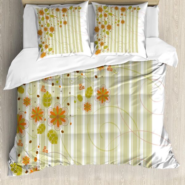 Abakuhaus Copripiumino Con Motivi Floreali, Fiori Retrò, Antiacaro, Adatto A Chi Soffre Di Allergie, Con Federe, 200 Cm X 200 Cm - 80 X 80 Cm, Verde Arancione Bianco-image