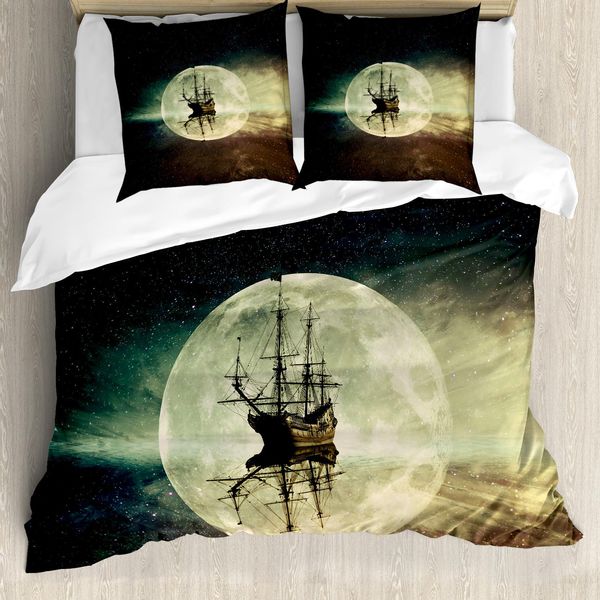 Abakuhaus Copripiumino Ocean, Old Ship Sea Moonlight, Antiacaro, Adatto A Chi Soffre Di Allergie, Con Federe, 200 Cm X 200 Cm - 80 X 80 Cm, Blu Scuro Bianco-image