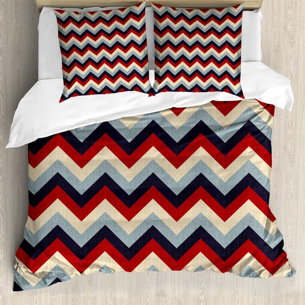 Abakuhaus Set Copripiumino Angolare Per Letti Matrimoniali, Strisce Astratte Retrò, Antiacaro, Adatto A Chi Soffre Di Allergie, Con Federe, Azzurro, Blu Navy, Crema E Rosso-image