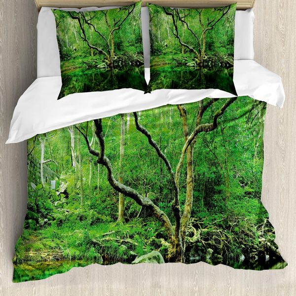 Abakuhaus Copripiumino Verde, Tema Natura Giungla, Antiacaro, Adatto A Chi Soffre Di Allergie, Con Federe, 155 Cm X 220 Cm - 80 X 80 Cm, Verde Bosco Marrone Scuro-image