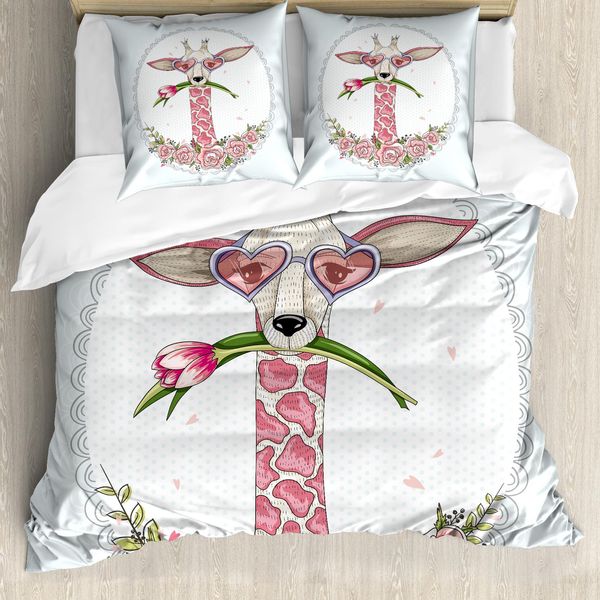 Abakuhaus Copripiumino Valentine, Hipster Giraffe, Antiacaro, Adatto A Chi Soffre Di Allergie, Con Federe, 200 Cm X 200 Cm - 80 X 80 Cm, Azzurro E Rosa Chiaro-image