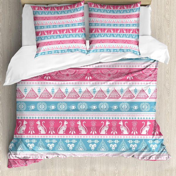 Abakuhaus Copripiumino Tribale, Egiziano, Antiacaro, Adatto A Chi Soffre Di Allergie, Con Federe, 200 Cm X 200 Cm - 80 X 80 Cm, Azzurro Pallido, Rosa, Bianco-image