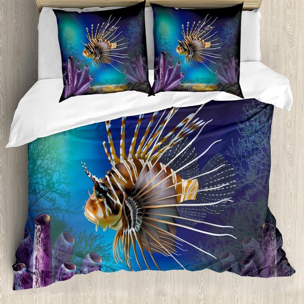Abakuhaus Copripiumino Ocean, Pesciolini E Piante, Antiacaro, Adatto A Chi Soffre Di Allergie, Con Federe, 200 Cm X 200 Cm - 80 X 80 Cm, Blu, Marrone, Viola-image