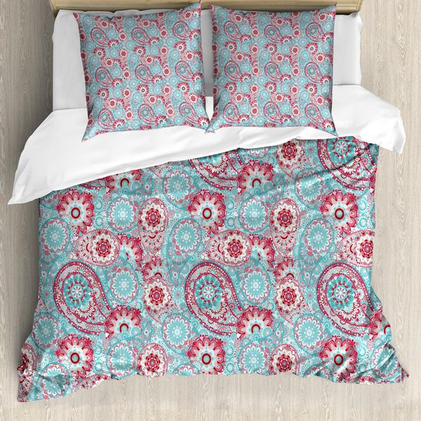 Abakuhaus Set Copripiumino Vintage Per Letti Matrimoniali, Fiori Orientali Primaverili, Antiacaro, Adatto A Chi Soffre Di Allergie, Con Federe, Azzurro Rosa-image