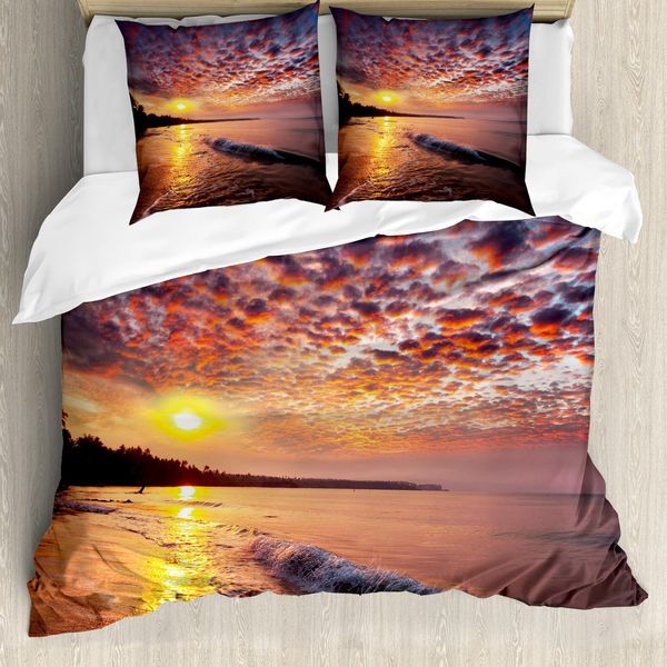 Abakuhaus Copripiumino Paesaggio, Tramonto Sulla Spiaggia Mare, Antiacaro, Adatto A Chi Soffre Di Allergie, Con Federe, 155 Cm X 220 Cm - 80 X 80 Cm, Arancione Malva Blu-image
