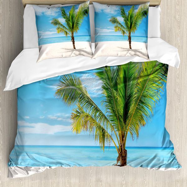 Abakuhaus Copripiumino Tropicale, Palma Da Cocco Sulla Spiaggia, Antiacaro, Adatto A Chi Soffre Di Allergie, Con Federe, 200 Cm X 200 Cm - 80 X 80 Cm, Blu Crema Verde-image