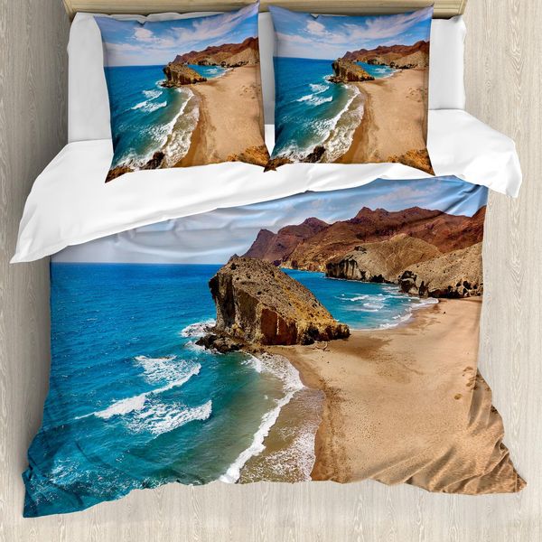 Abakuhaus Copripiumino Paesaggio, Estate-Spiaggia-Spagna, Antiacaro, Adatto A Chi Soffre Di Allergie, Con Federe, 200 Cm X 200 Cm - 80 X 80 Cm, Blu, Marrone,-image