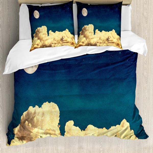 Abakuhaus Copripiumino Notte Stellata, Stelle, Luna Piena, Nuvole, Antiacaro, Adatto A Chi Soffre Di Allergie, Con Federe, 155 Cm X 220 Cm - 80 X 80 Cm, Blu Scuro E Bianco-image