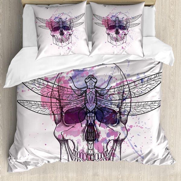 Abakuhaus Copripiumino Con Teschi, Teschi E Libellule Grunge, Antiacaro, Adatto A Chi Soffre Di Allergie, Con Federe, 155 Cm X 220 Cm - 80 X 80 Cm, Viola-Rosa-Nero-image