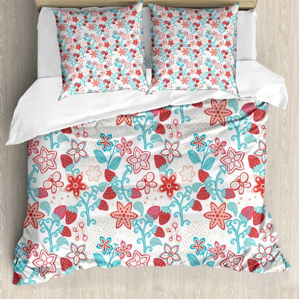 Abakuhaus Copripiumino Con Motivi Floreali, Bacche, Antiacaro, Adatto A Chi Soffre Di Allergie, Con Federe, 155 Cm X 220 Cm - 80 X 80 Cm, Corallo Scuro Acquamarina-image