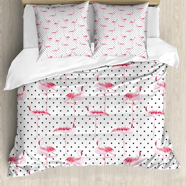 Copripiumino Retrò Abakuhaus, Pois Con Fenicotteri, Antiacaro, Adatto A Chi Soffre Di Allergie, Con Federe, 155 Cm X 220 Cm - 80 X 80 Cm, Rosa Pallido Bianco-image