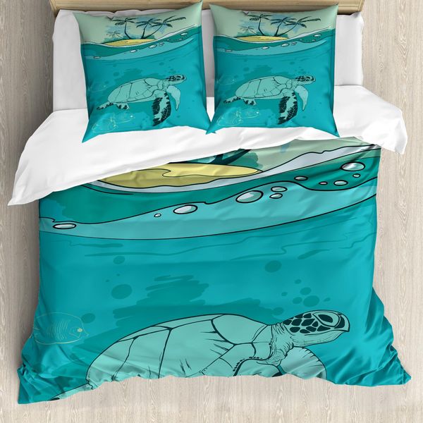 Abakuhaus Copripiumino Ocean, Sea Turtle Exotic Island, Antiacaro, Adatto A Chi Soffre Di Allergie, Con Federe, 200 Cm X 200 Cm - 80 X 80 Cm, Verde Turchese-image
