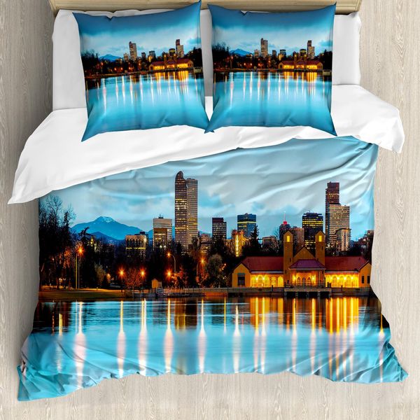 Abakuhaus Copripiumino Urbano, Lago Ferril Al Mattino, Antiacaro, Adatto A Chi Soffre Di Allergie, Con Federe, 200 Cm X 200 Cm - 80 X 80 Cm, Azzurro, Giallo, Arancione-image