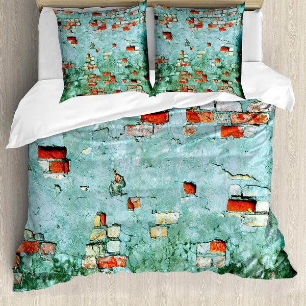 Abakuhaus Set Copripiumino Teal Per Letti Matrimoniali, Muro Di Mattoni Antico Rovinato, Antiacaro, Adatto A Chi Soffre Di Allergie, Con Federe, Teal Rosso-image