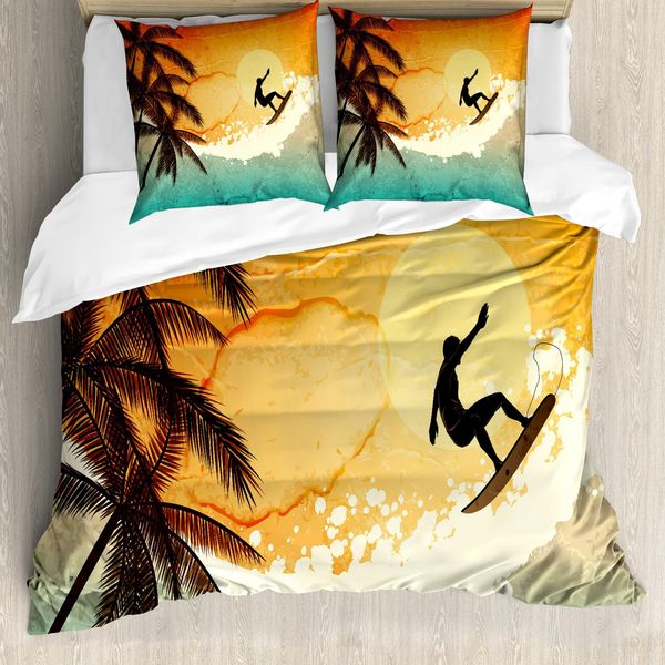 Abakuhaus Copripiumino Grunge, Surfer Sea Palms Sunset, Antiacaro, Adatto A Chi Soffre Di Allergie, Con Federe, 155 Cm X 220 Cm - 80 X 80 Cm, Arancione Turchese Nero-image