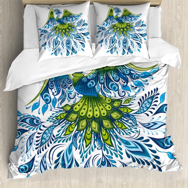 Abakuhaus Copripiumino Pavone, Uccello Astratto, Antiacaro, Adatto A Chi Soffre Di Allergie, Con Federe, 155 Cm X 220 Cm - 80 X 80 Cm, Blu Verde-image